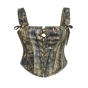 Vintage Camo Lace-Up Corset Top with Adjustable Shoulder Straps & Bow Accents N23777