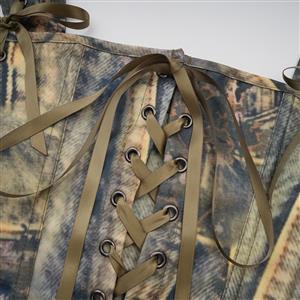 Vintage Camo Lace-Up Corset Top with Adjustable Shoulder Straps & Bow Accents N23777