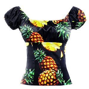 Lovely Pineapple Print T-shirt, Vintage Casual Short Sleeve Tops, Printed Slim Fit T-shirt, Women's Vintage Casual Printed T-shirt, Off Shoulder Pineapple Print T-shirt, Fashion Casual Short Sleeve Tops, #N17146