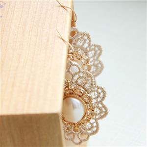Vintage Champagne Floral Lace with Golden Metal and Gem Embellished Earrings J18419