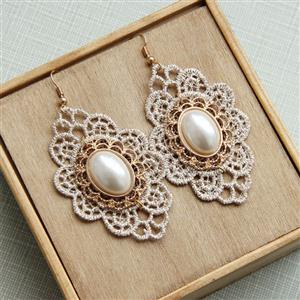 Vintage Champagne Floral Lace with Golden Metal and Gem Embellished Earrings J18419