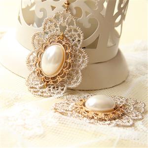 Vintage Champagne Floral Lace with Golden Metal and Gem Embellished Earrings J18419