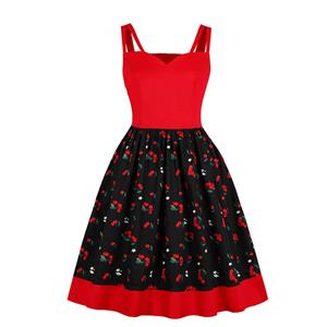 Cute Cherry Print A-line Swing Dress, Retro Cheery Print Dresses for Women 1960, Vintage Dresses 1950's, Plus Size Summer Dress, Vintage Cherry High Waist Dress for Women, Simple Spaghetti Straps Dresses for Women, Vintage Spring Dresses for Women, #N18758