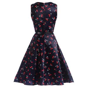 Girl's Vintage Cherry Print Sleeveless Round Collar Swing Dress N15480