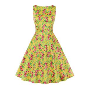 Vintage Cherry Print Round Neckline Sleeveless High Waist Summer Cocktail Swing Dress N21865