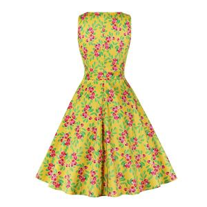 Vintage Cherry Print Round Neckline Sleeveless High Waist Summer Cocktail Swing Dress N21865