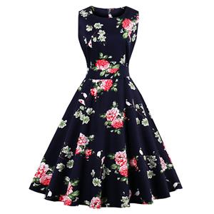 1950's Vintage Floral Print Sleeveless Dress N12866