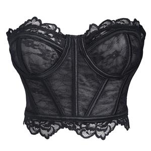 corset, bustier, black lace, back lace-up, boned, sweetheart neckline, scalloped trim, gothic, bridal, wedding, party, layering, feminine, vintage, cropped #N23927