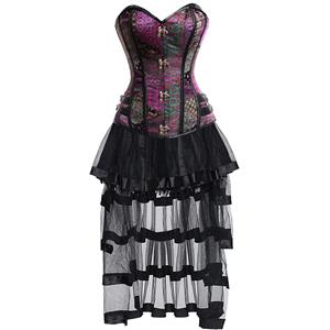 Charming Sexy Vintage Jacquard Overbust Corset And Skirt Set N12546