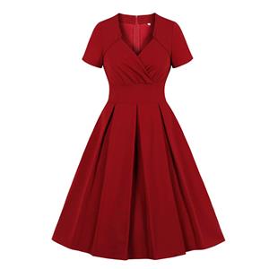 1950's Vintage Wine-red Crossover V-Neck Short Sleeves High Waist Cocktail Party A-Line Dress N21490