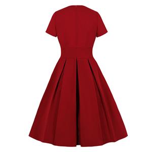 1950's Vintage Wine-red Crossover V-Neck Short Sleeves High Waist Cocktail Party A-Line Dress N21490
