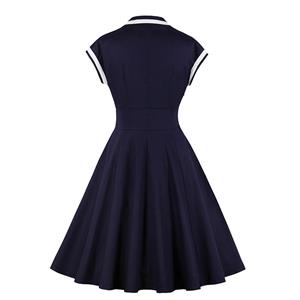 Vintage Dark-blue V-neck Cap Sleeve High Waist Midi A-line Dress N19410