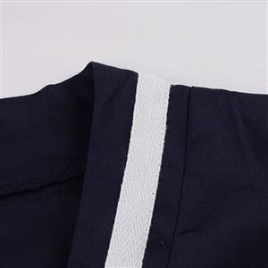 Vintage Dark-blue V-neck Cap Sleeve High Waist Midi A-line Dress N19410