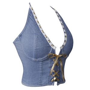 Vintage Denim Bustier Top - Adjustable Halter Neck Corset with Gold Lace Trim & Front Tie Detail N237816