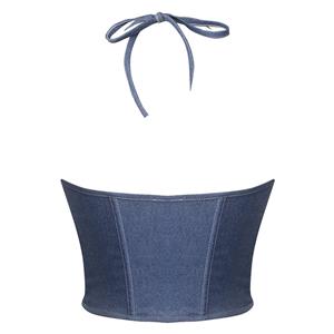 Vintage Denim Bustier Top - Adjustable Halter Neck Corset with Gold Lace Trim & Front Tie Detail N237816