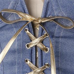 Vintage Denim Bustier Top - Adjustable Halter Neck Corset with Gold Lace Trim & Front Tie Detail N237816
