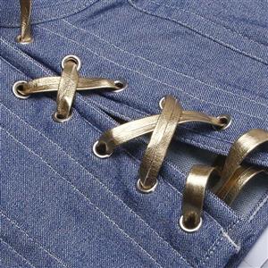 Vintage Denim Bustier Top - Adjustable Halter Neck Corset with Gold Lace Trim & Front Tie Detail N237816