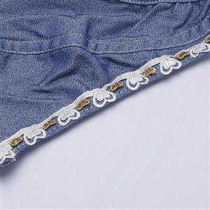 Vintage Denim Bustier Top - Adjustable Halter Neck Corset with Gold Lace Trim & Front Tie Detail N237816