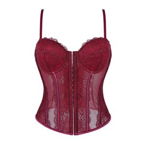 Burgundy Wine Lace Corset - Adjustable Vintage Bustier with Sheer Mesh N23794