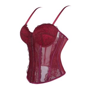 Burgundy Wine Lace Corset - Adjustable Vintage Bustier with Sheer Mesh N23794