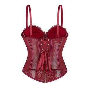 Burgundy Wine Lace Corset - Adjustable Vintage Bustier with Sheer Mesh N23794