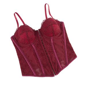 Burgundy Wine Lace Corset - Adjustable Vintage Bustier with Sheer Mesh N23794