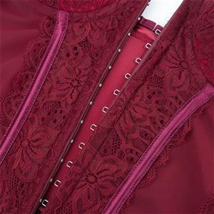 Burgundy Wine Lace Corset - Adjustable Vintage Bustier with Sheer Mesh N23794