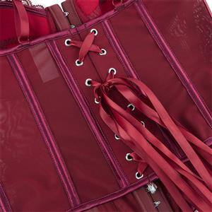 Burgundy Wine Lace Corset - Adjustable Vintage Bustier with Sheer Mesh N23794