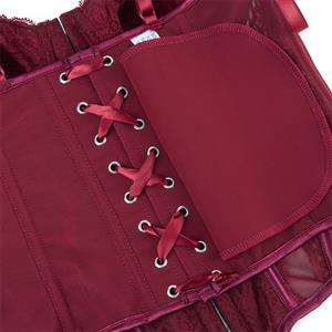 Burgundy Wine Lace Corset - Adjustable Vintage Bustier with Sheer Mesh N23794