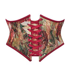 Vintage Embroidered Floral Corset Belt, Front Lace-Up Waist Cincher with Back Zipper  N23871