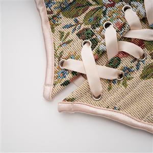 Vintage Embroidered Floral Corset Belt, Front Lace-Up Waist Cincher with Back Zipper N23875