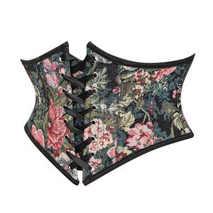 Vintage Embroidered Floral Corset Belt, Front Lace-Up Waist Cincher with Back Zipper N23879