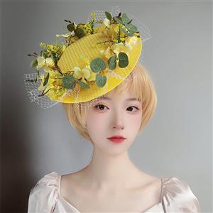 Vintage Fishnet and Flower Fascinator Bowler-hat Princess Hair Clip Cosplay Party Accessory J21678