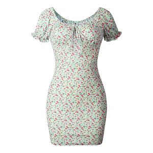 Sexy Green Floral Print Off Shoulder Lace-up Short Sleeve  Backless Mid Waist Summer Dress N21098