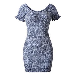 Sexy Blue Floral Print Off Shoulder Lace-up Short Sleeve  Backless Mid Waist Summer Dress N21099