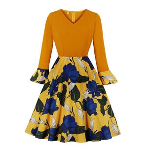 Vintage Womens Orange Floral Pattern V-neck Flared Sleeve A-line Midi Dress N19564