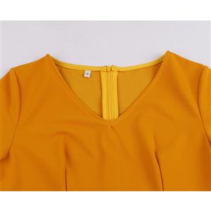 Vintage Womens Orange Floral Pattern V-neck Flared Sleeve A-line Midi Dress N19564