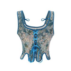 Fashion Irregular Blue Chrysanthemum Print Plastic Boned Body Shaper Overbust Corset N23454