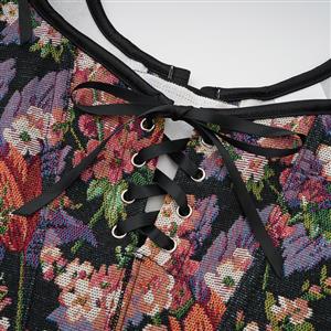 Vintage Floral Corset Top - Adjustable Lace-Up Bustier with Bow Straps for Women N237840