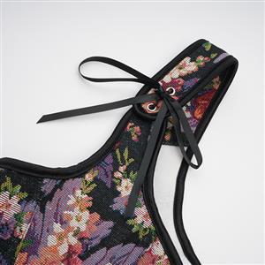 Vintage Floral Corset Top - Adjustable Lace-Up Bustier with Bow Straps for Women N237840