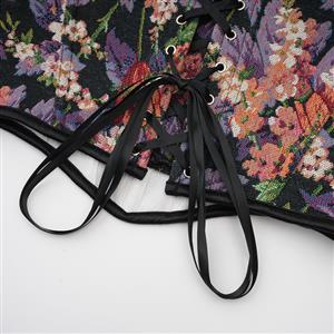 Vintage Floral Corset Top - Adjustable Lace-Up Bustier with Bow Straps for Women N237840