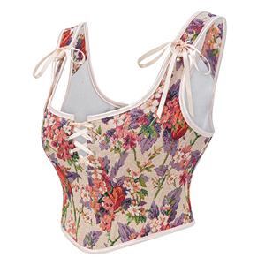 Vintage Floral Corset Top - Adjustable Lace-Up Bustier with Bow Straps for Women N237841