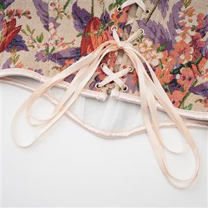 Vintage Floral Corset Top - Adjustable Lace-Up Bustier with Bow Straps for Women N237841