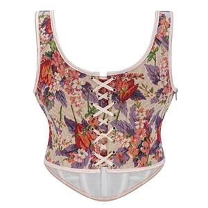 Vintage Floral Corset Top - Adjustable Lace-Up Bustier with Bow Straps for Women N237841