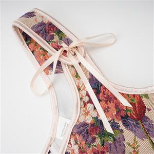 Vintage Floral Corset Top - Adjustable Lace-Up Bustier with Bow Straps for Women N237841