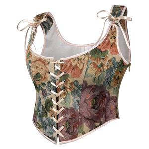Vintage Floral Corset Top - Adjustable Lace-Up Bustier with Square Neckline N237842