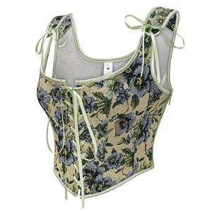 Vintage Floral Corset Top - Adjustable Lace-Up Bustier with Square Neckline N23889