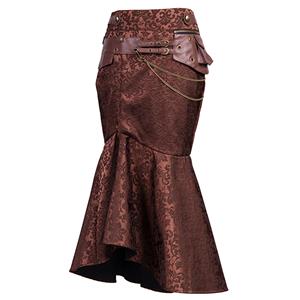 Women's Vintage Brown Steel Boned Faux Leather Jacquard Underbust Corset Skirt Set N15140