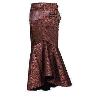 Women's Vintage Brown Steel Boned Faux Leather Jacquard Underbust Corset Skirt Set N15140