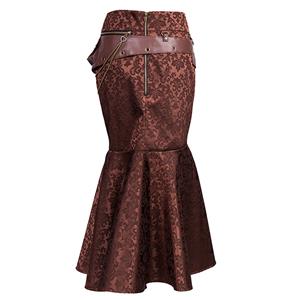 Women's Vintage Brown Steel Boned Faux Leather Jacquard Underbust Corset Skirt Set N15140